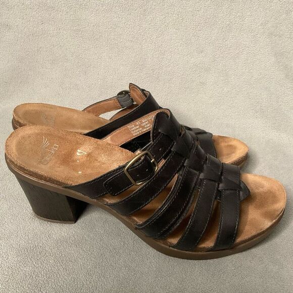 DANSKO Slide Sandals Women 10,5(41 )Dina Black Leather High Heel Stappy Open Toe - Picture 8 of 9